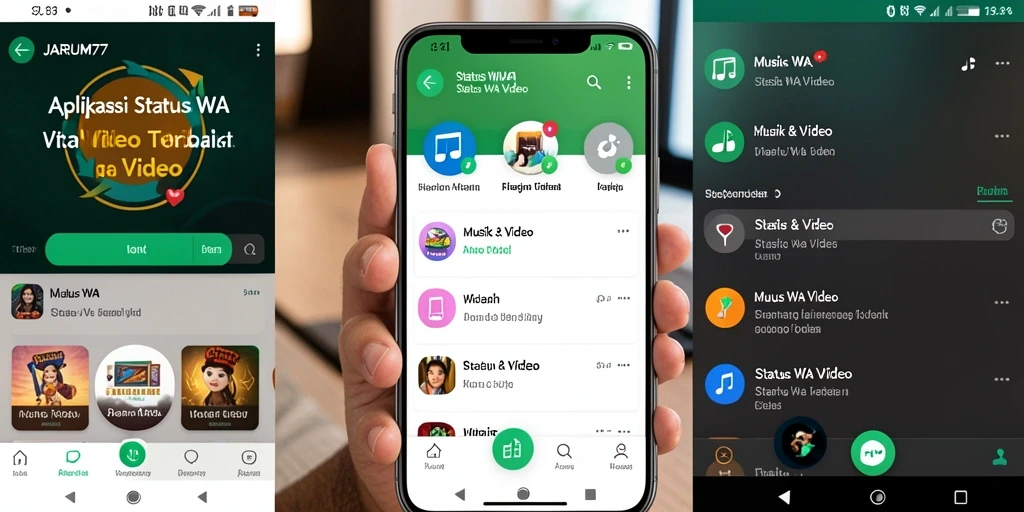 Antarmuka aplikasi JARUM77 menampilkan koleksi video status yang menarik dan modern.