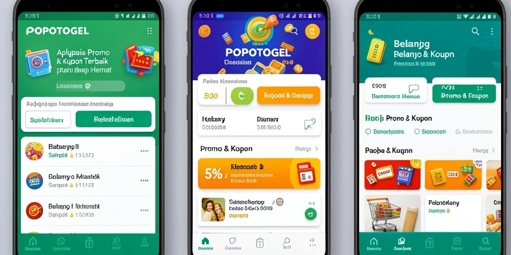 Tampilan antarmuka pengguna aplikasi POPOTOGEL dengan berbagai kupon menarik.