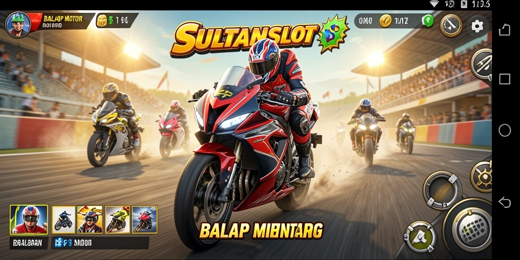 Screenshot tampilan permainan SULTANSLOT dengan motor balap.